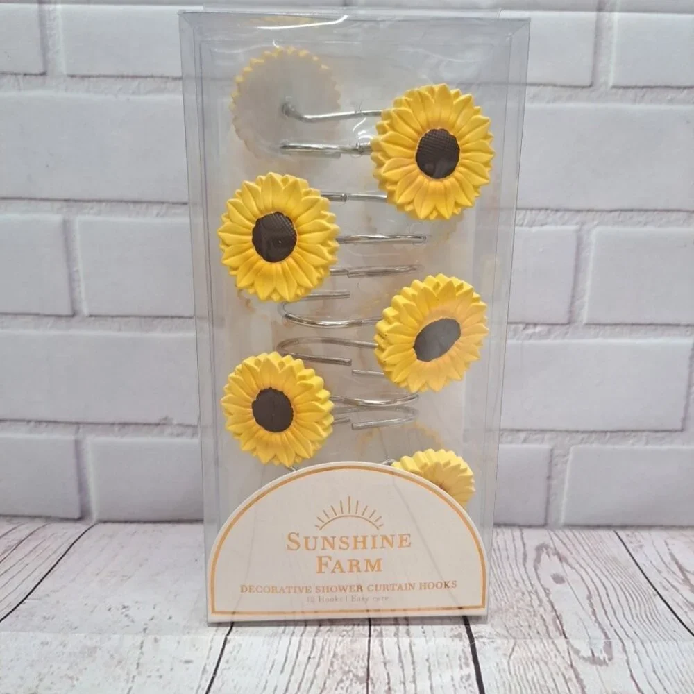 SUNFLOWER Anti Rust Shower Curtain Hooks - 12 Shower Curtain Rings 🌻New In Box